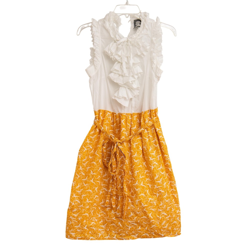 Anthropologie Bird Print Ruffle Dress Sz M White Yellow CottageCore Garden Party